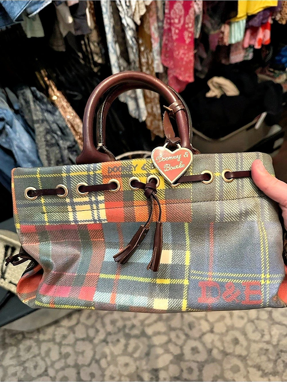Dooney & Bourke Plaid Tartan Patchwork Tote Multicolor & Brown LIKE NEW